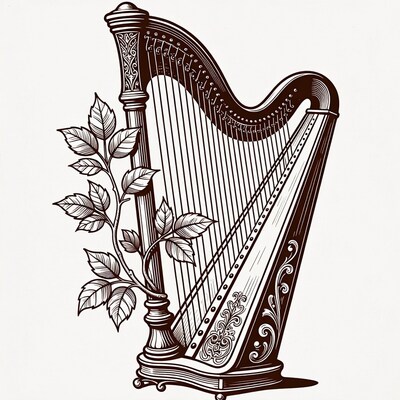 Vintage Harp with Leaves Illustration