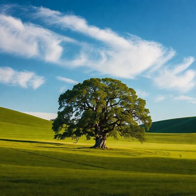 Large oak tree in green hills
