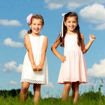Two girls smiling in grass field