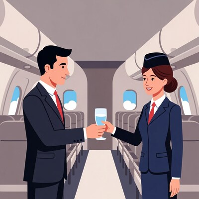Businessman toasting with flight attendant