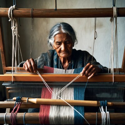 Elderly woman weaving on loom