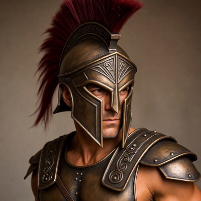 Muscular man in red-crested Spartan helmet