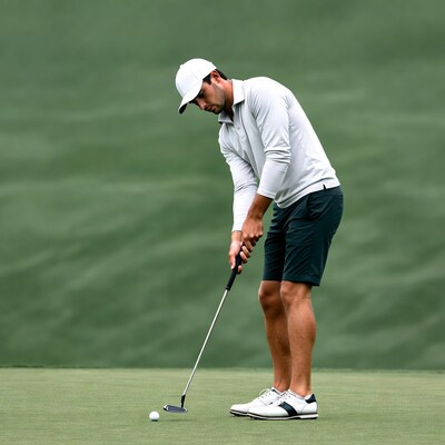 Man putting golf ball on green