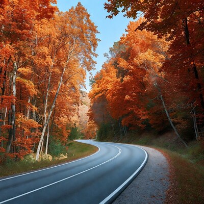 Curvy road through autumn forest