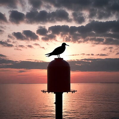 Silhouette bird on red buoy sunset