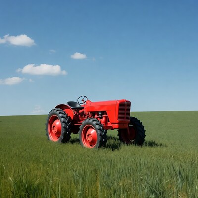 Red tractor in green field