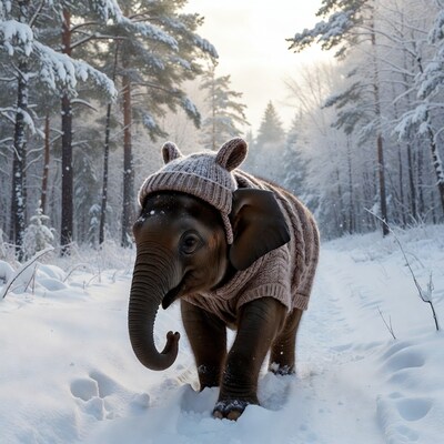 Baby elephant in knitted hat and sweater in snowy forest