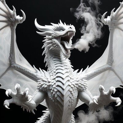 Roaring White Dragon with Smoke