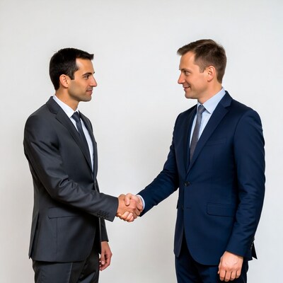 Two men shaking hands in suits