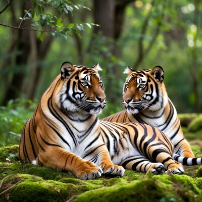 Two tigers resting in forest