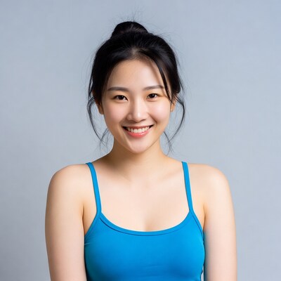 Asian woman smiling in blue tank top