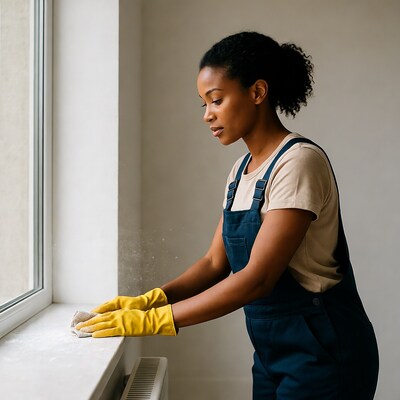 African-American woman cleaning window sill