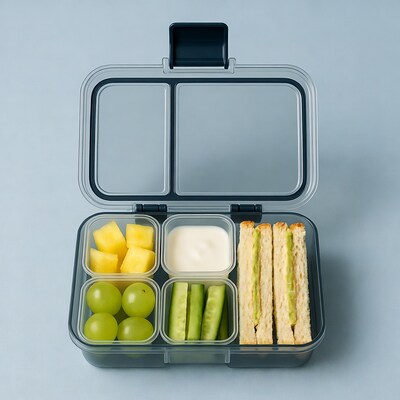 Open lunchbox with fruits veggies sandwich