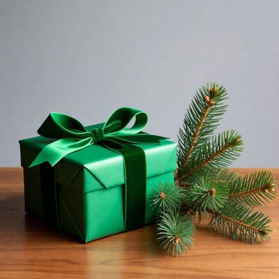 Green gift box with pine branches
