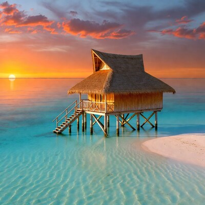 Overwater bungalow at sunset