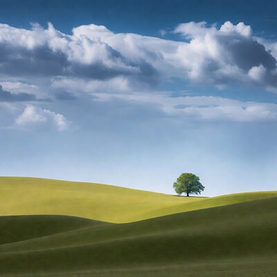 Lone tree on green rolling hills