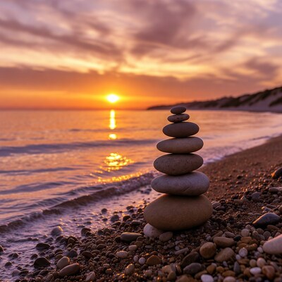 Stacked stones at sunset beach