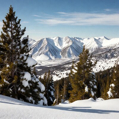 Snowy Mountains with Pine Trees