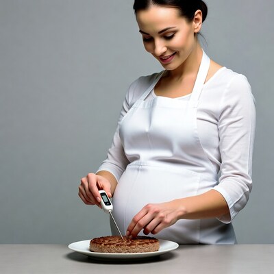 Pregnant woman checking burger temperature