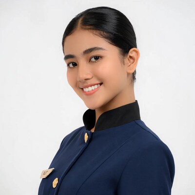 Asian woman in navy uniform smiling