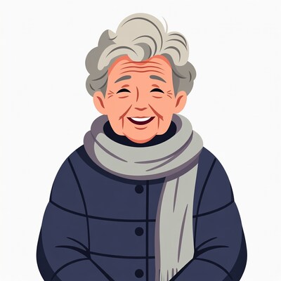Smiling elderly woman in coat and scarf