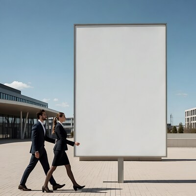 Business couple walking past blank billboard