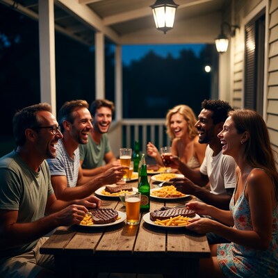 Friends laughing at porch dinner party