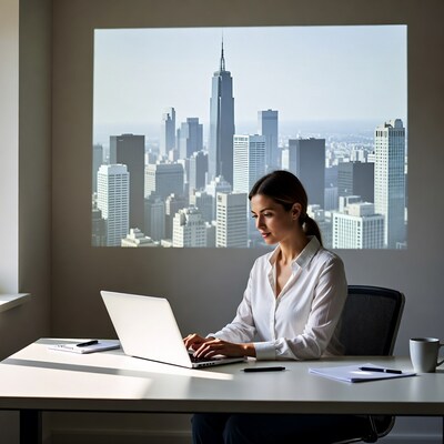 Woman working on laptop with city skyline view