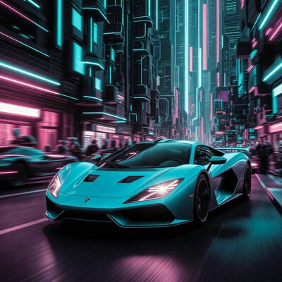 Turquoise Lamborghini speeding cyberpunk city
