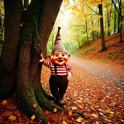 Gnome standing by mossy tree in autumn forest