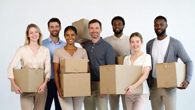 Diverse team holding cardboard boxes