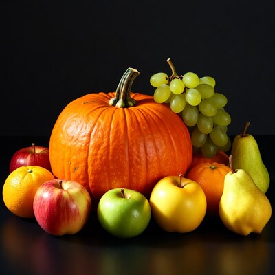 Pumpkin with apples grapes pears oranges