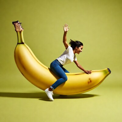 Woman riding giant banana