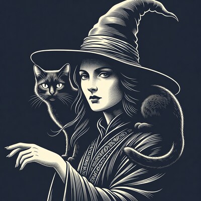 Witch with black cat illustration