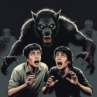 Werewolf terrifying scared boy and girl
