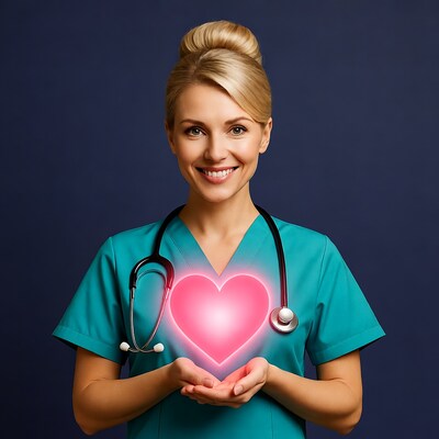 Nurse holding glowing heart stethoscope