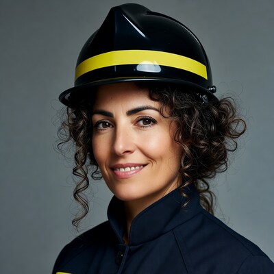 Smiling woman in firefighter helmet