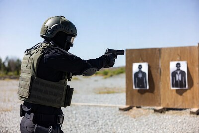 SWAT operator shooting pistol at targets