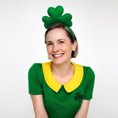 Woman smiling in shamrock hat and dress