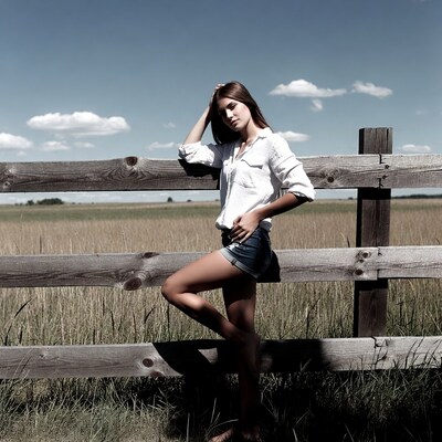 Woman leaning on fence in field