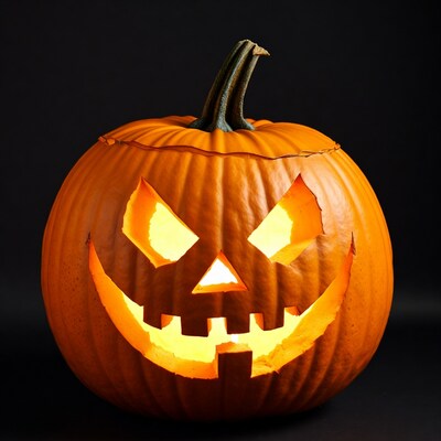 Lit Jack-o-Lantern on Black Background