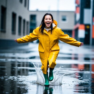 Asian woman splashing in rain puddles