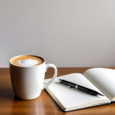 Latte with notebook and pen