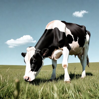 Holstein cow grazing in green field