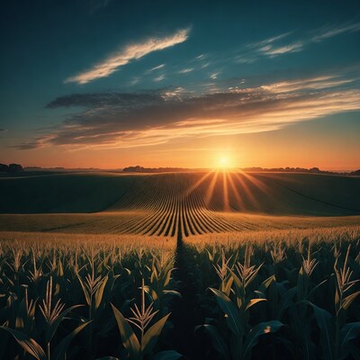 Corn Field at Sunset with Sun Rays