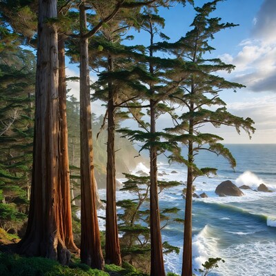 Tall redwoods overlooking ocean waves