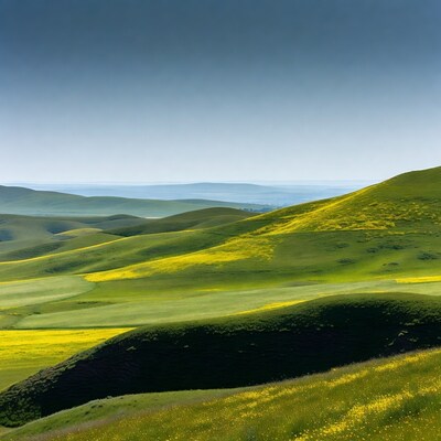 Rolling Green Hills with Yellow Flowers