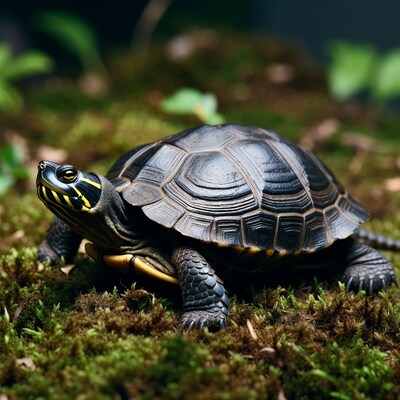 Black turtle with yellow head stripes