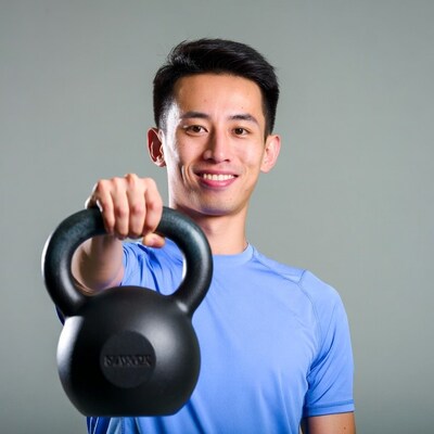Asian man holding kettlebell