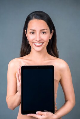 Asian woman holding tablet